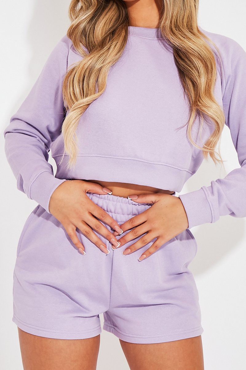 Lilac Cropped Sweatshirt + Shorts Lounge Co-ord - Timara-Loungewear
