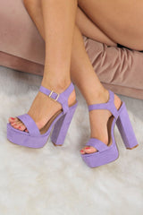 Lilac Faux Suede Gold Buckle Block Heels - Abreana-Heels