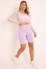 Lilac Fishnet Long Sleeved Crop Top - Bernice-Crop Tops