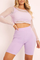 Lilac Fishnet Long Sleeved Crop Top - Bernice-Crop Tops