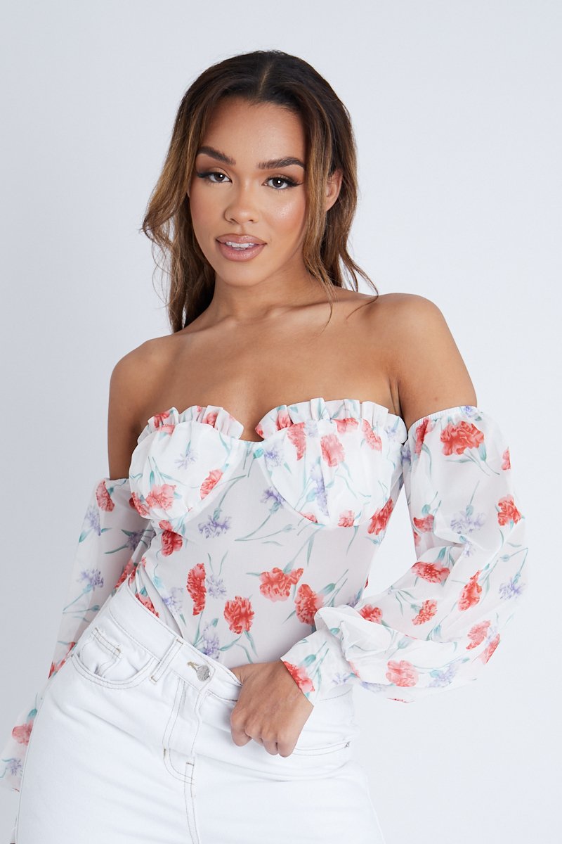 Lilac Floral Bardot Off The Shoulder Mesh Bodysuit - Hayle-Bodysuits