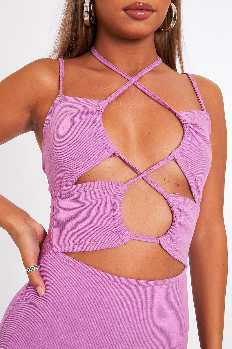 Lilac Front Cut Out Ribbed Mini Dress - Holy-Dresses