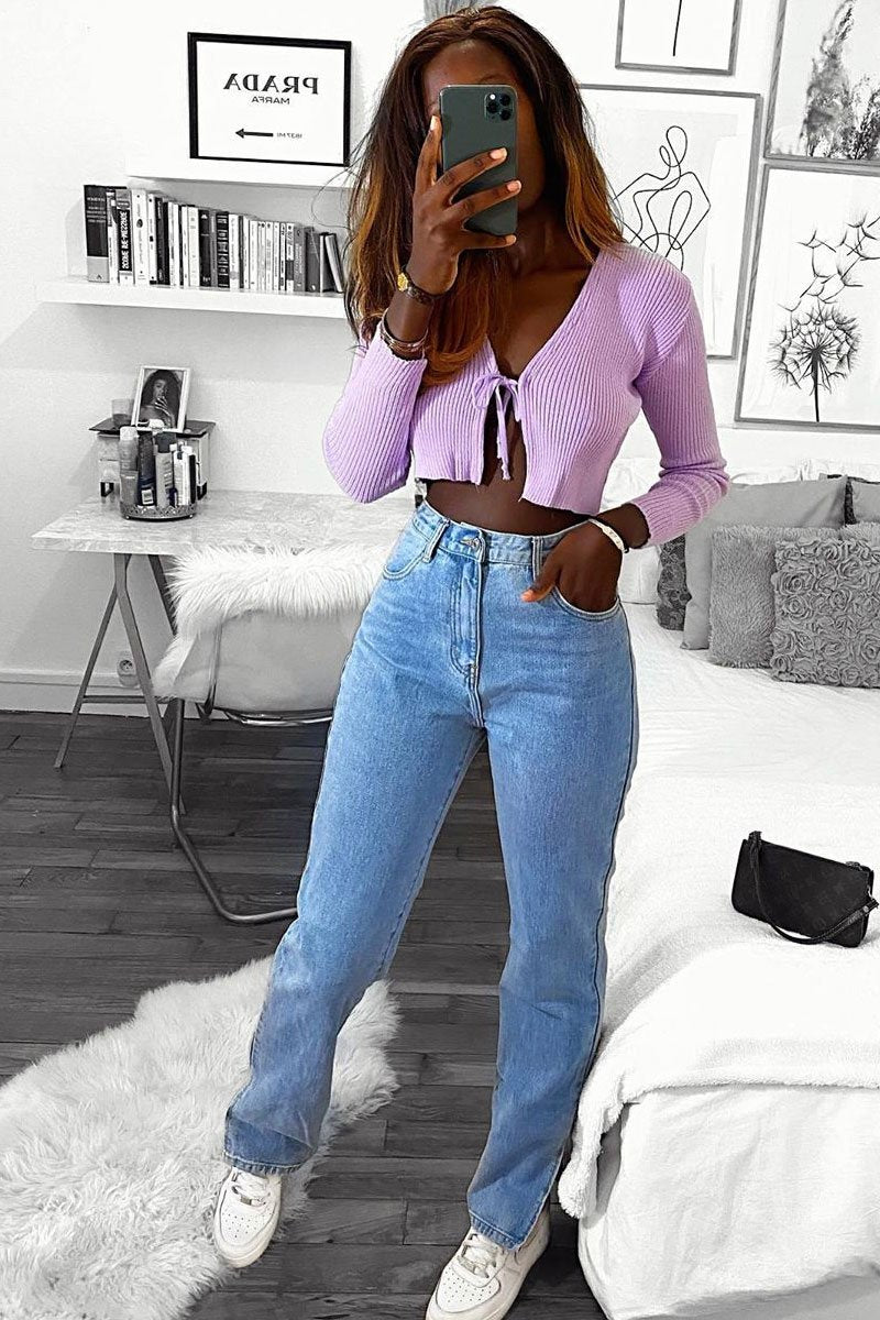 Lilac Front Tie Knit Cardigan Top - Paloma-Cardigans