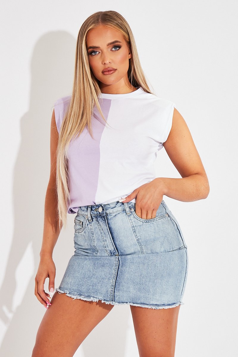 Lilac Half Splice Contrast Shoulder Pad Oversized T-shirt - Amzie-T-shirt