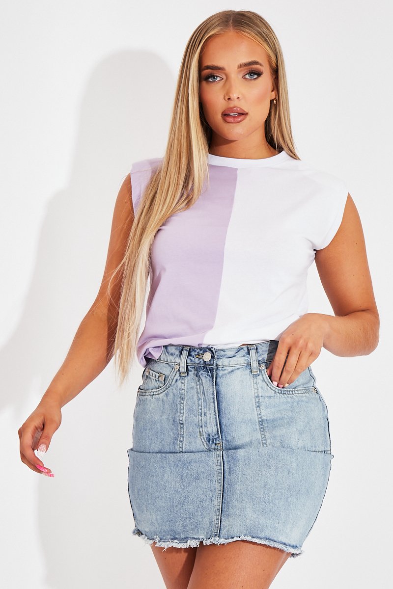 Lilac Half Splice Contrast Shoulder Pad Oversized T-shirt - Amzie-T-shirt