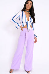 Lilac High Waist Wide Leg Trousers with Buckle - Monico-Trousers