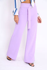 Lilac High Waist Wide Leg Trousers with Buckle - Monico-Trousers