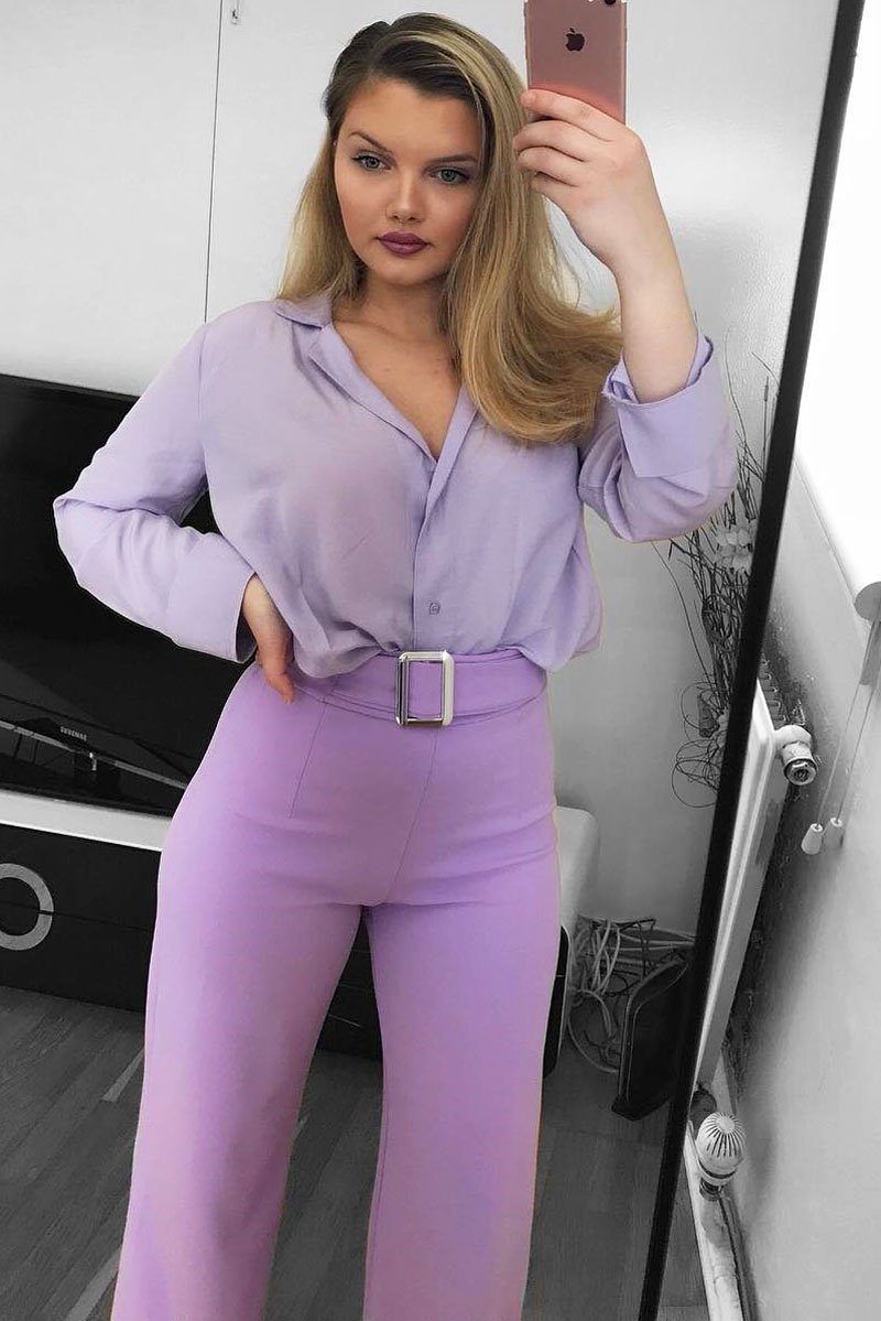 Lilac High Waist Wide Leg Trousers with Buckle - Monico-Trousers