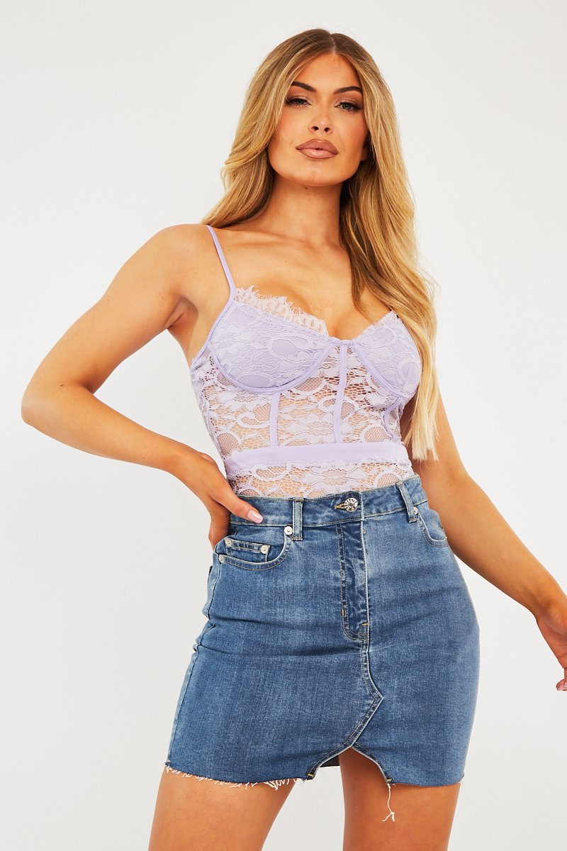 Lilac Lace Flower Bodysuit - Faylen-Bodysuits