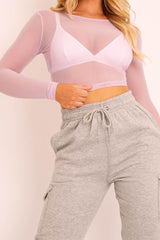 Lilac Mesh Long Sleeve Crop Top - Aaima-Tops