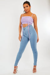 Lilac Mesh Ruched Square Neck Crop Top - Leyna-Crop Tops