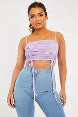 Lilac Mesh Ruched Square Neck Crop Top - Leyna-Crop Tops