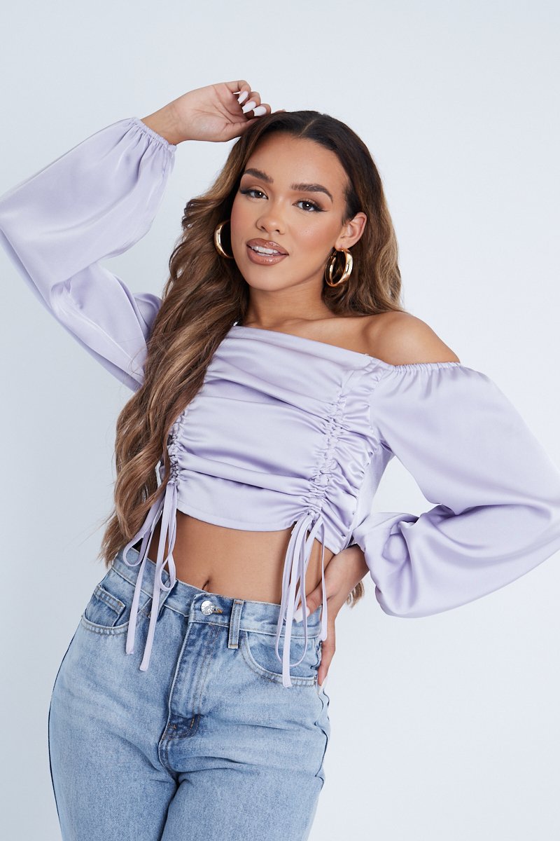 Lilac Off The Shoulder Front Ruching Crop Top - Maxie-Crop Tops