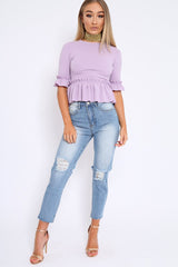 Lilac Peplum Frill Detail Top with Frill Sleeves - Gretta-Tops