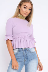 Lilac Peplum Frill Detail Top with Frill Sleeves - Gretta-Tops