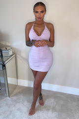 Lilac Plunge Neck Ruched Bodycon Dress - Janae