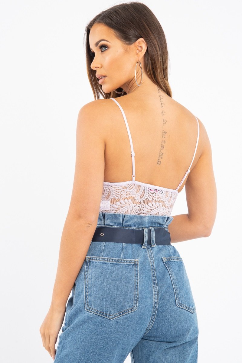 Lilac Plunge V Front Lace Bodysuit - Tiah-Bodysuits