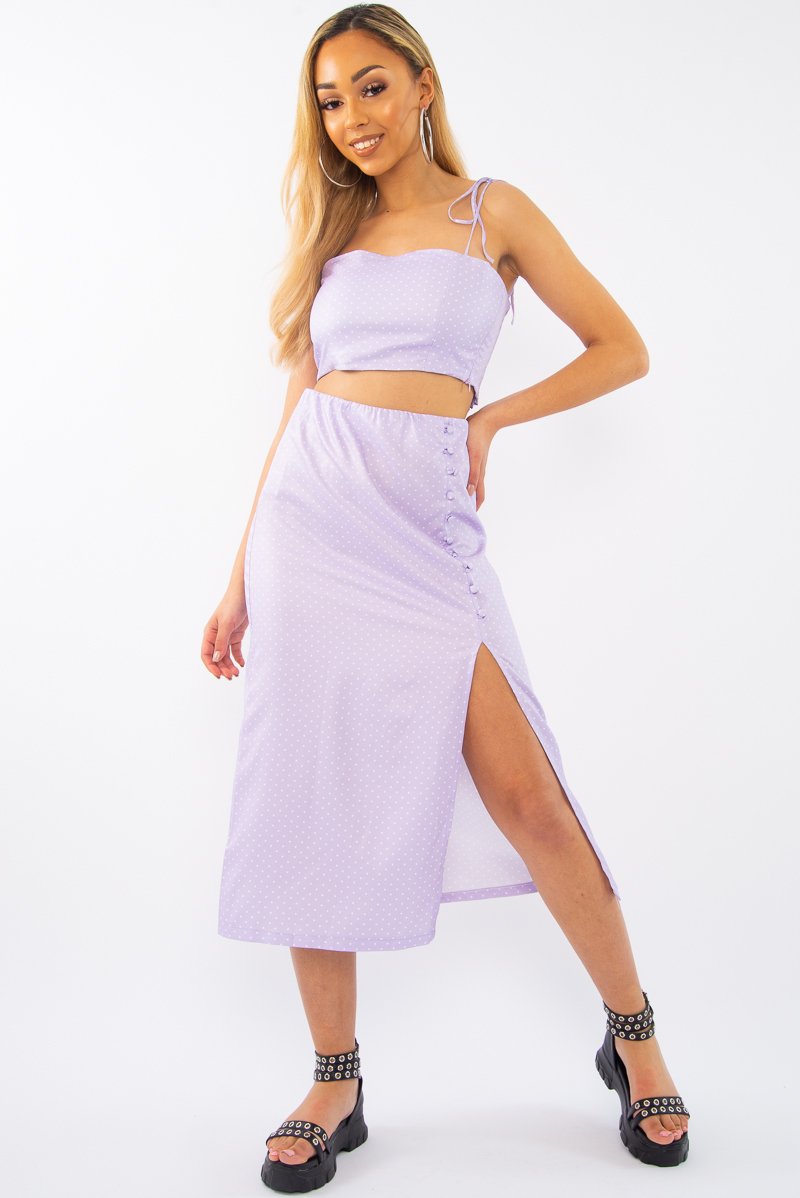 Lilac Polka Midi Skirt and Crop Top Co-ord - Viktoriya-Co-ords
