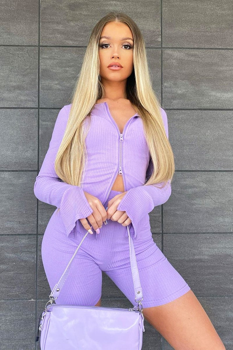 Lilac Ribbed Double Zip Top Cycling Short Co-ord - Jamia-Co-ords