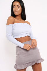 Lilac Ribbed Frill Bardot Crop Top - Cassidy-Crop Tops