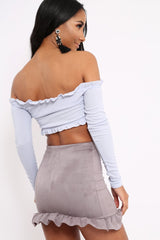 Lilac Ribbed Frill Bardot Crop Top - Cassidy-Crop Tops