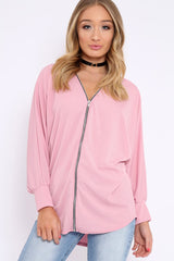 Lilac Ribbed Oversized Zip Front Top - Rabecca-Tops