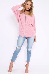 Lilac Ribbed Oversized Zip Front Top - Rabecca-Tops
