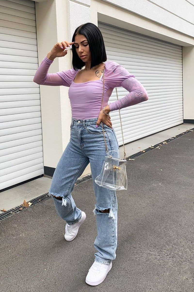 Lilac Ruched Body Mesh Sleeve Bodysuit - Raeya-Bodysuits