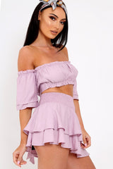 Lilac Ruffle Bardot Crop Top And Skirt Co-ord - Aamora-Co-ords