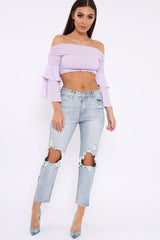 Lilac Ruffle Sleeve Shirred Bardot Cropped Top - Henryetta-Tops