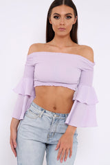 Lilac Ruffle Sleeve Shirred Bardot Cropped Top - Henryetta-Tops