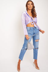 Lilac Shimmery Tie Front Slinky Blouse - Maddie-Shirts