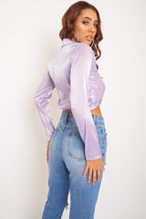 Lilac Shimmery Tie Front Slinky Blouse - Maddie-Shirts