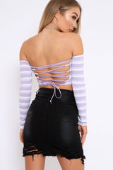 Lilac Striped Lace Up Back Crop Top - Cerys-Tops