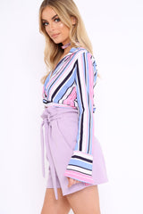 Lilac Striped Plunge Twist Front Crop Top - Gracelee-Crop Tops