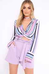Lilac Striped Plunge Twist Front Crop Top - Gracelee-Crop Tops