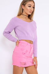 Lilac V Neck Off Shoulder Knitted Cropped Jumper - Kirby-Crop Jumper