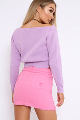 Lilac V Neck Off Shoulder Knitted Cropped Jumper - Kirby-Crop Jumper