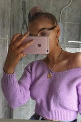 Lilac V Neck Off Shoulder Knitted Cropped Jumper - Kirby-Crop Jumper