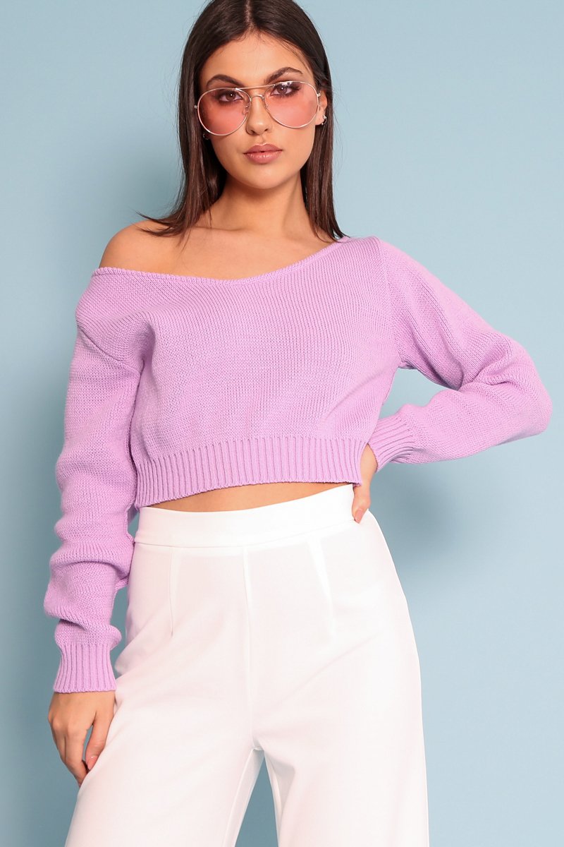 Lilac V Neck Off Shoulder Knitted Cropped Jumper - Kirby-Crop Jumper