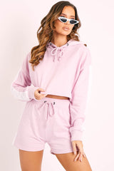 Lilac White Stripe Cropped Hoodie and Shorts Loungewear Co-ord - Dariella-Co-ords
