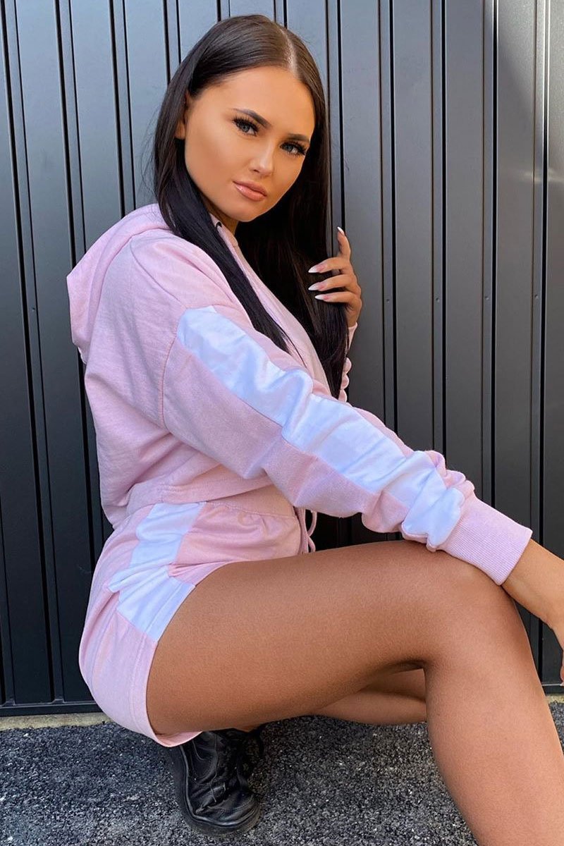 Lilac White Stripe Cropped Hoodie and Shorts Loungewear Co-ord - Dariella-Co-ords