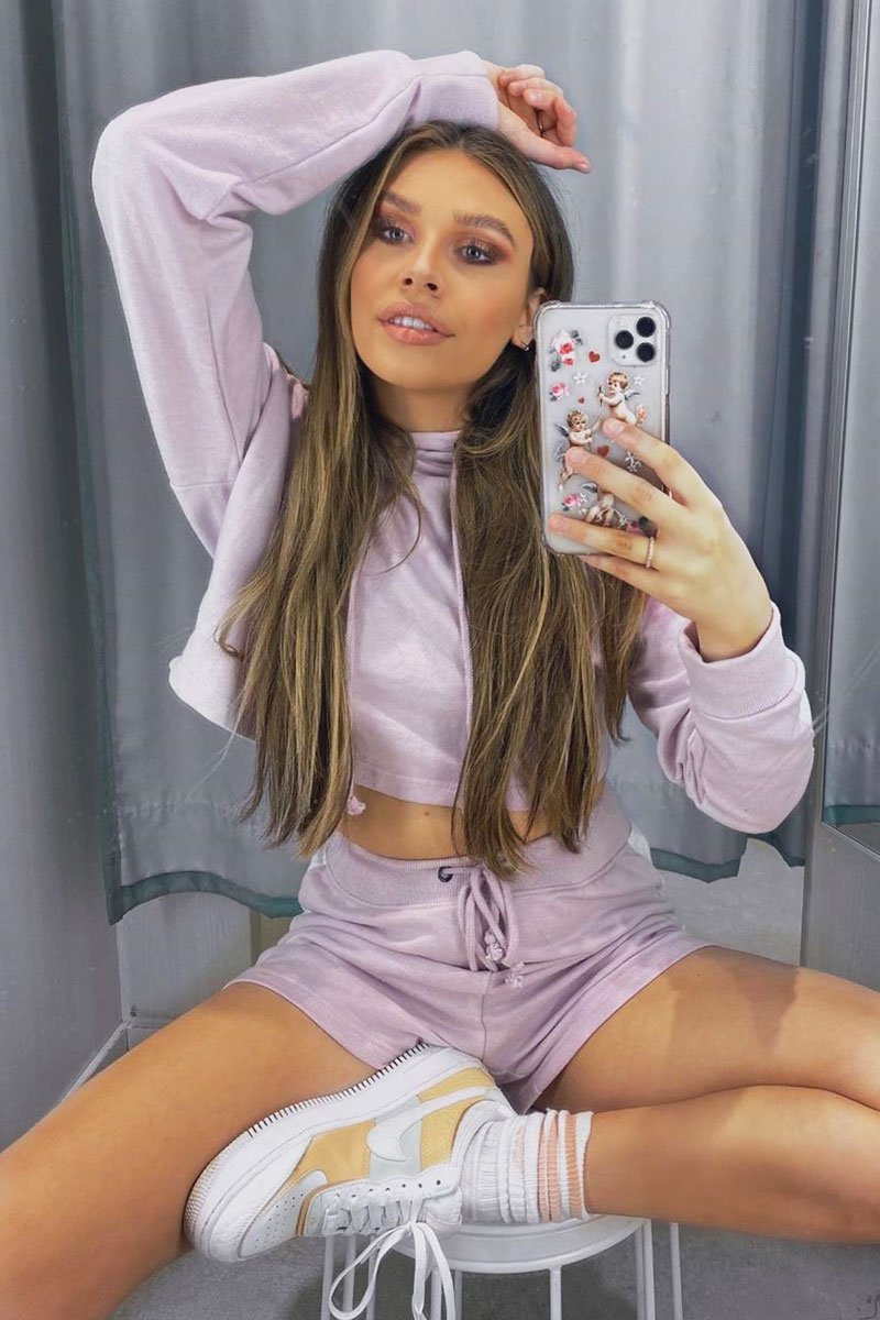 Lilac White Stripe Cropped Hoodie and Shorts Loungewear Co-ord - Dariella-Co-ords