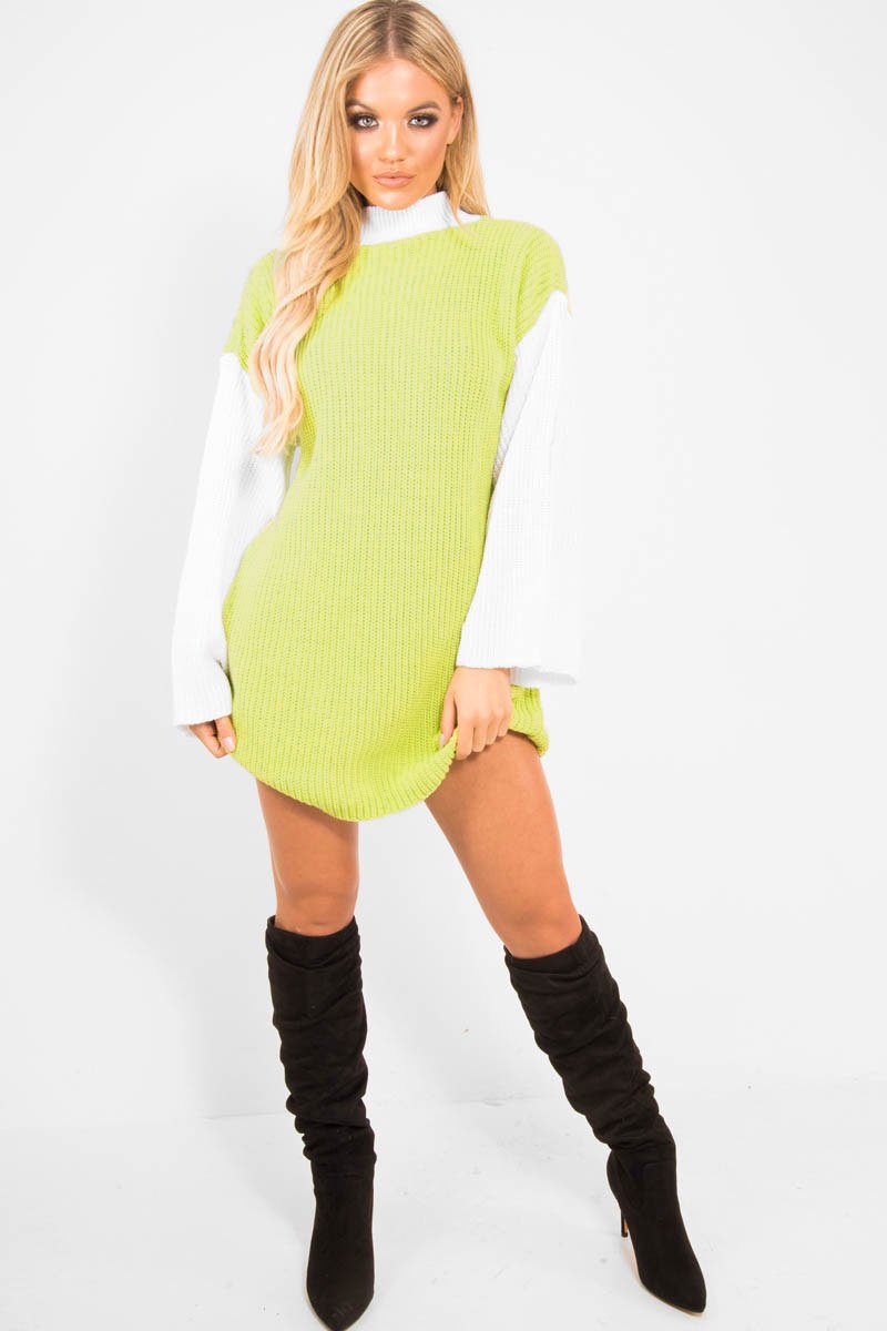 Lime And White Knitted High Neck Oversized Jumper - Cerina-Jumper