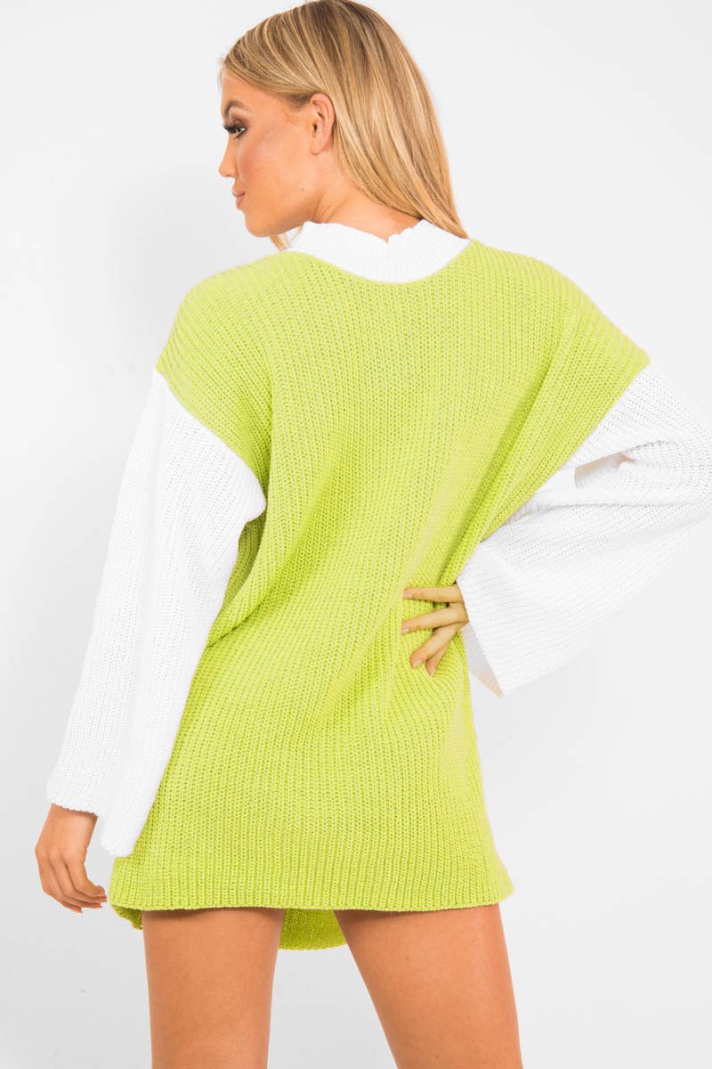 Lime And White Knitted High Neck Oversized Jumper - Cerina-Jumper