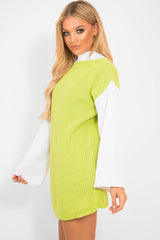 Lime And White Knitted High Neck Oversized Jumper - Cerina-Jumper