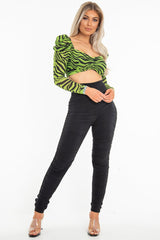 Lime Animal Print Mesh Puff Sleeve Crop Top - Kiarra-Crop Tops