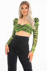 Lime Animal Print Mesh Puff Sleeve Crop Top - Kiarra-Crop Tops