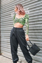 Lime Animal Print Mesh Puff Sleeve Crop Top - Kiarra-Crop Tops