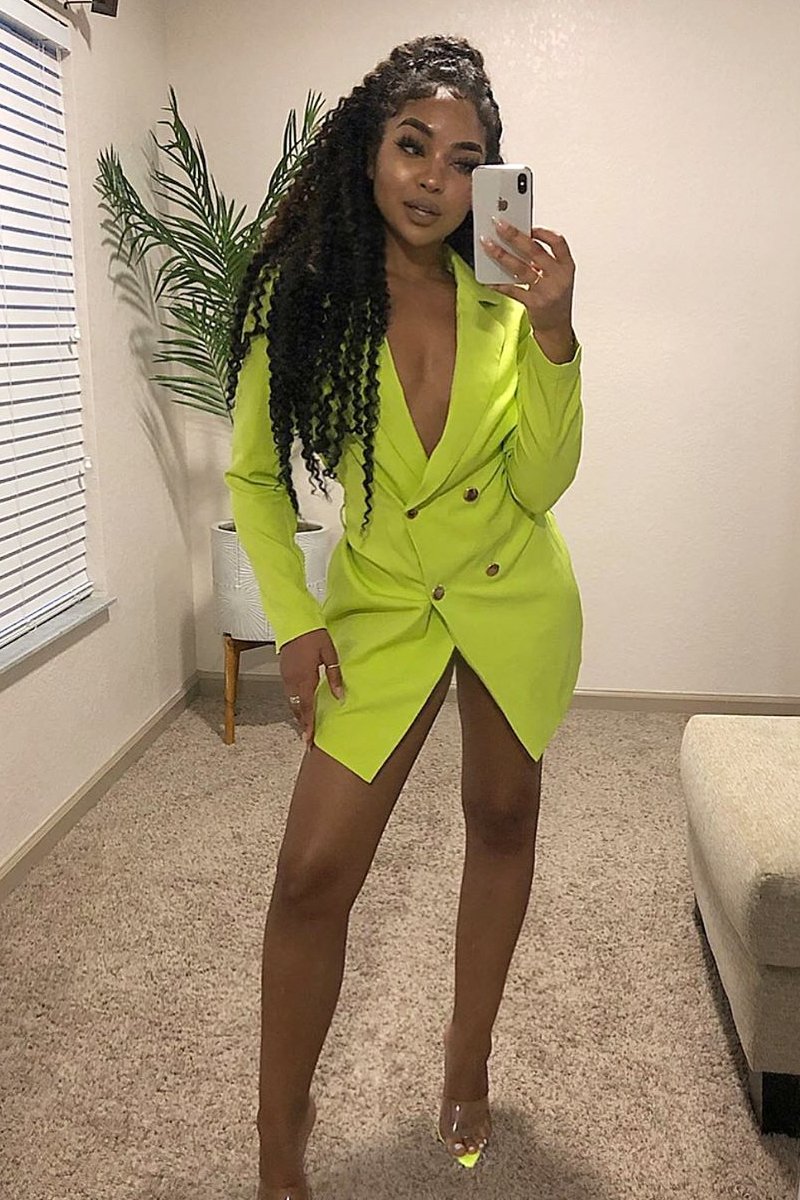 Lime Button Front Belted Blazer Dress - Justyne Rebellious Fashion Lime Button Front Belted Blazer Dress - Justyne Rebellious Fashion